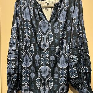 Chico's Pleated Sleeve Sea Island Black & Blue Indigo Popover Blouse Sz 3 US 16
